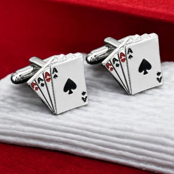 Four Aces Cufflinks Men's Tuxedo Prom Wedding Formal Poker Player Texas Hold Em - Picture 1 of 6